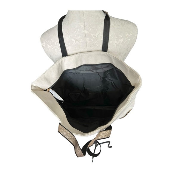 Victoria’s Secret Canvas & Gold Glitter Trim Tote Bag Zipper Top - Picture 6 of 14